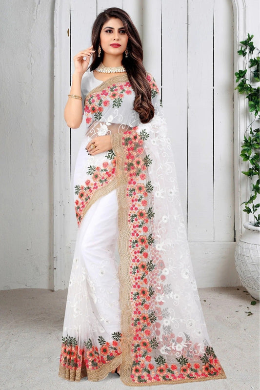 White Net Embroidery Saree NCSD10910695