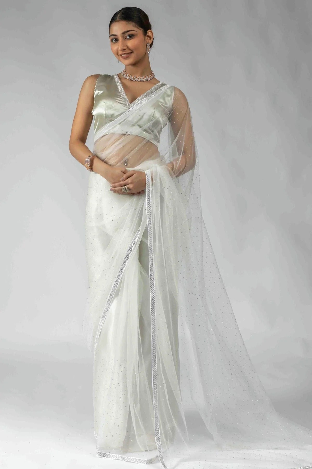 White Net Ready To Wear Saree NCSD11210103