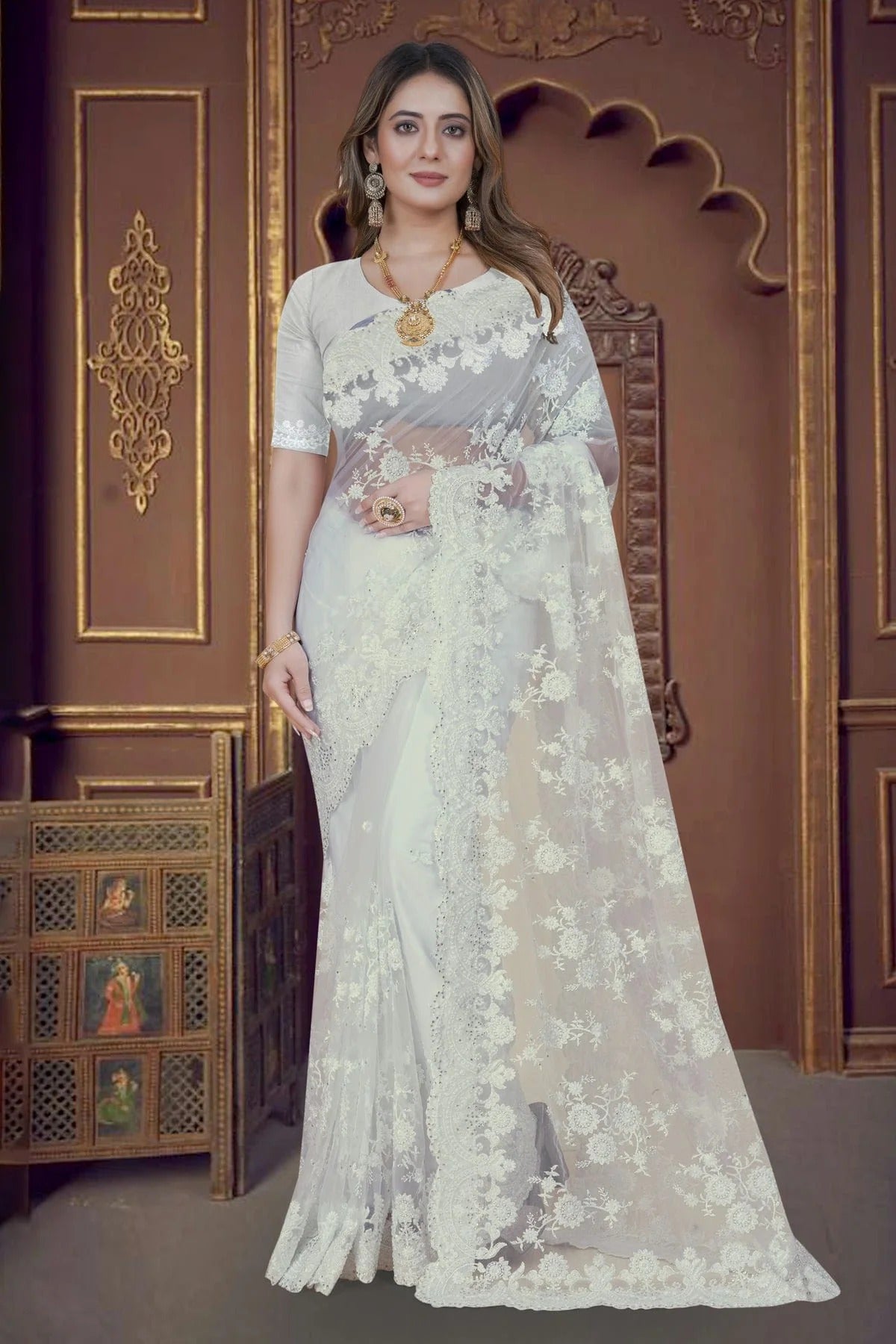 White Net Saree NCSD10910316
