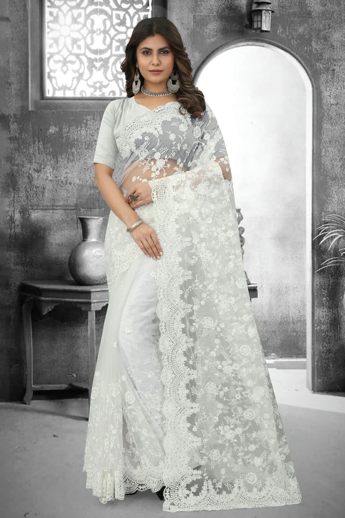 White Net Saree NCSD10910370