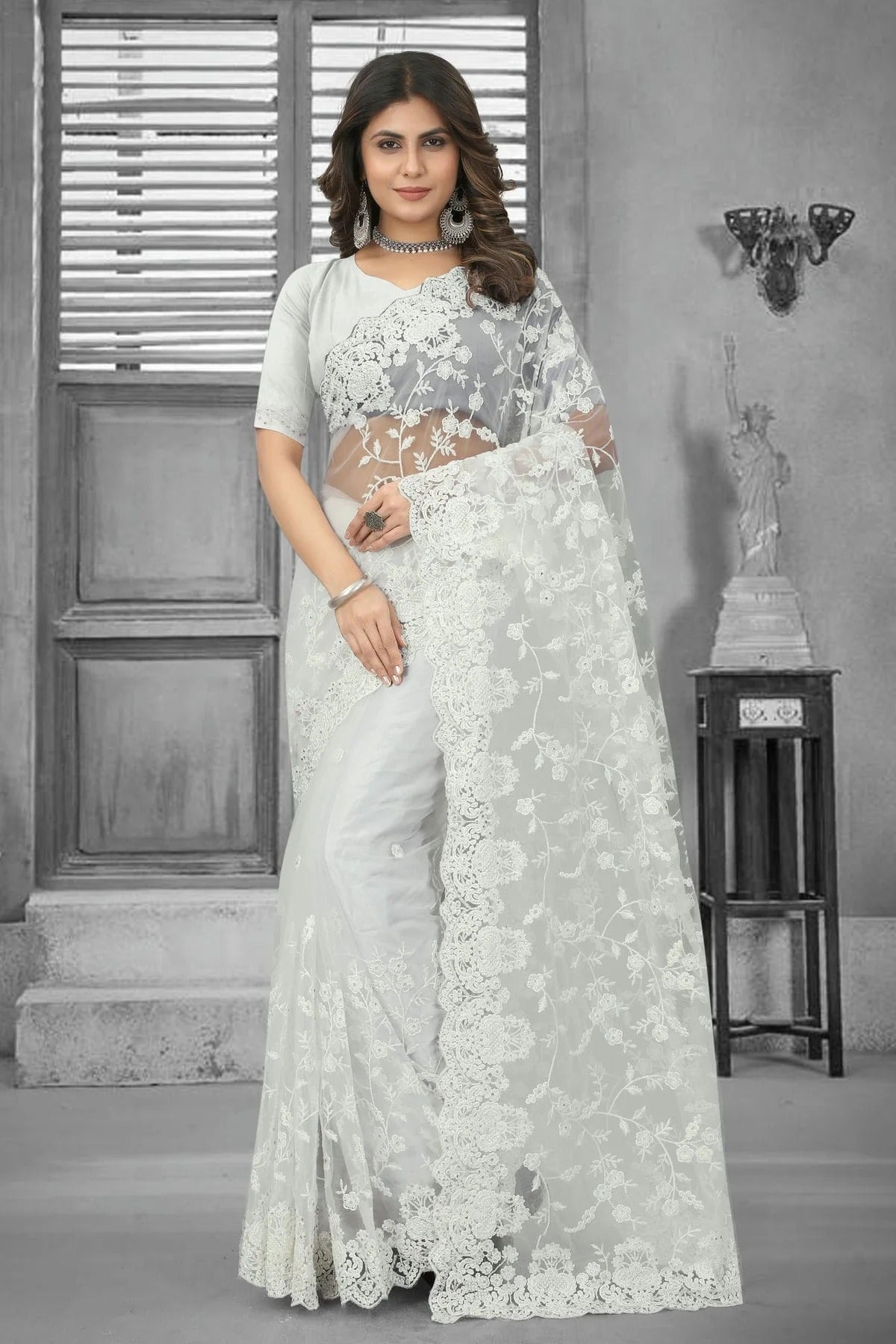 White Net Saree NCSD10910375