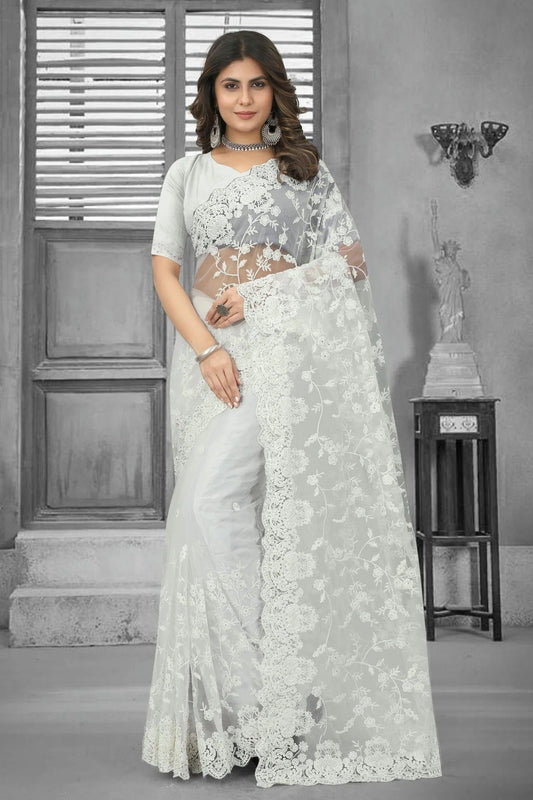 White Net Saree NCSD10910375
