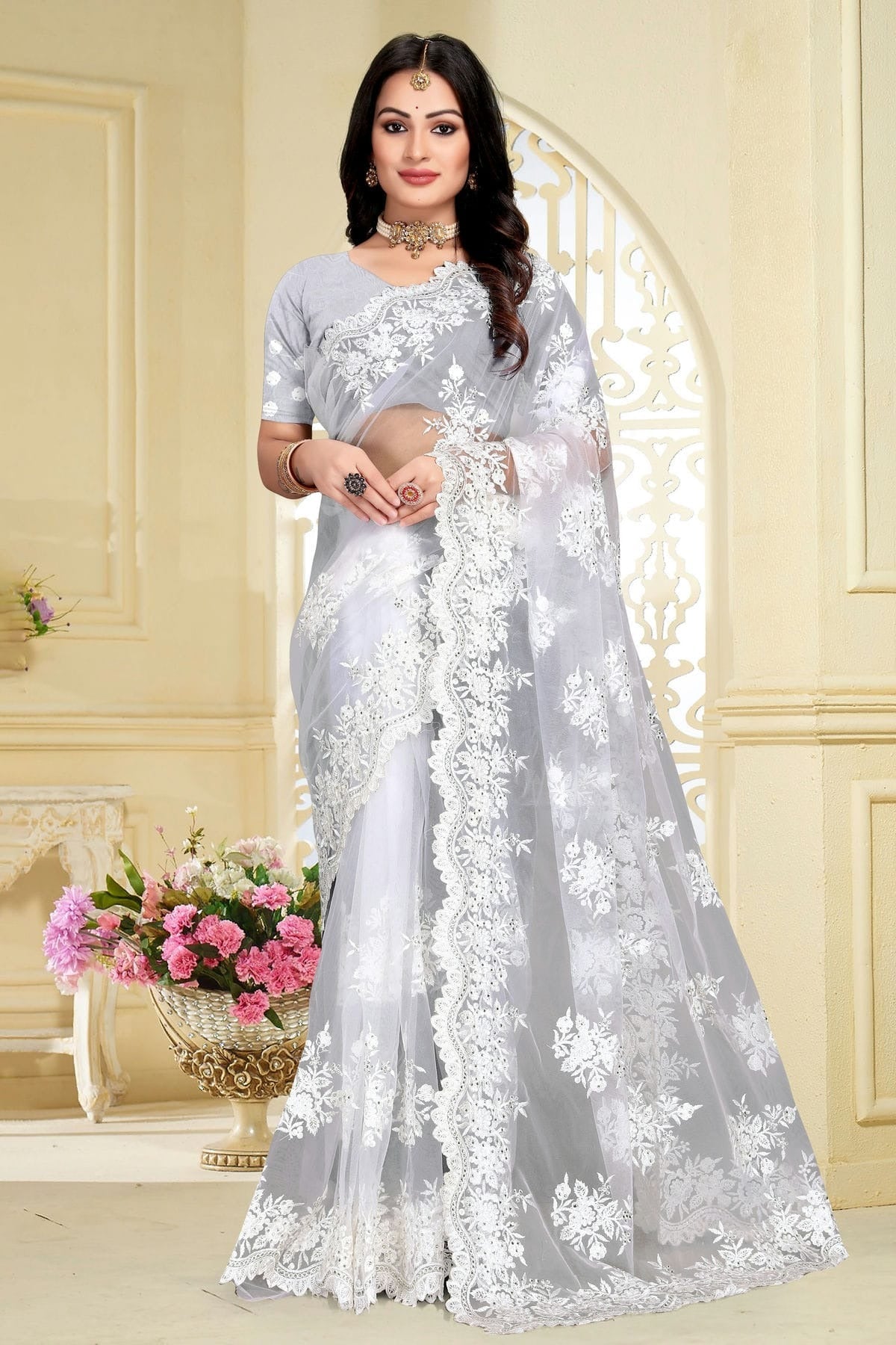 White Net Saree NCSD10910392