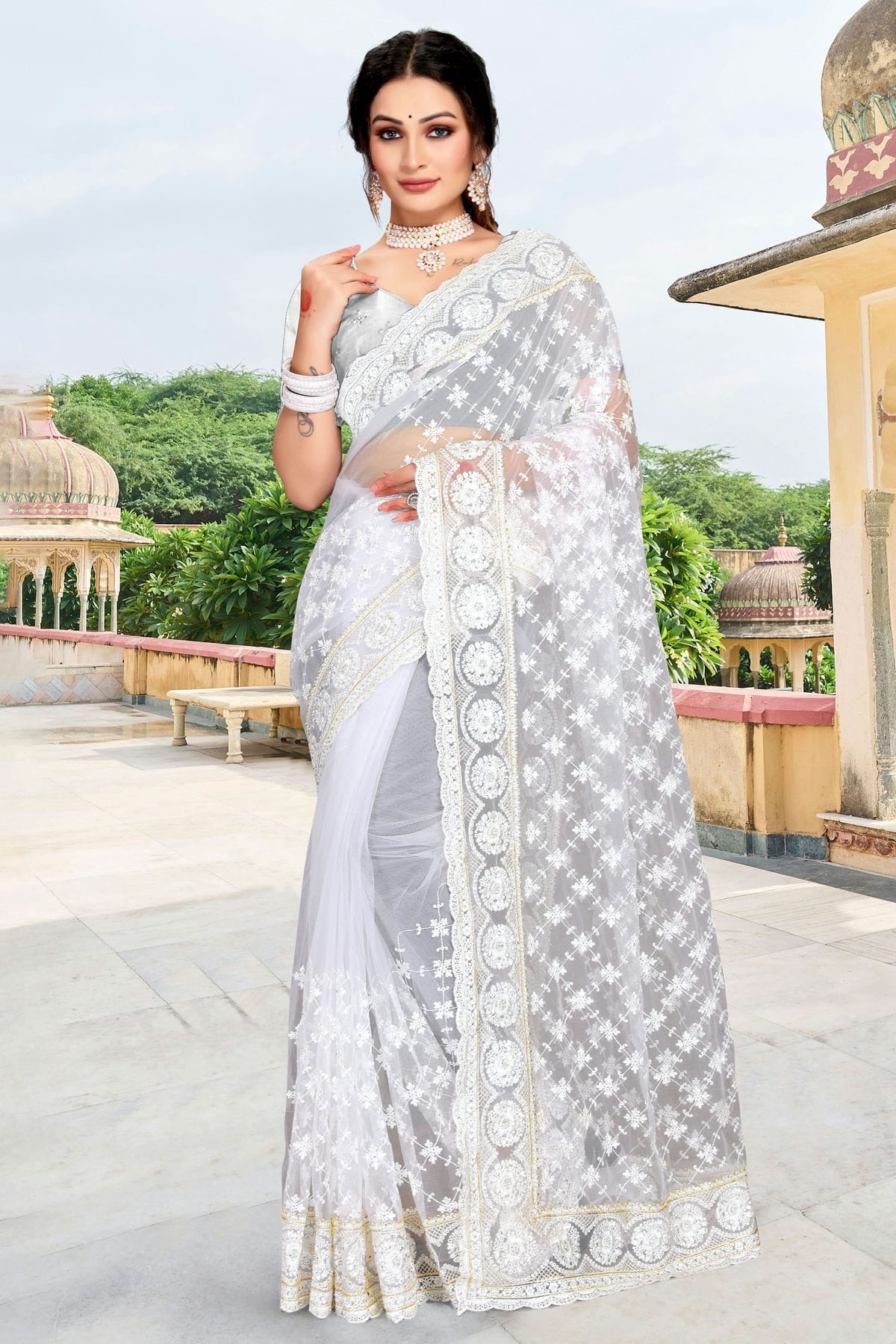 White Net Saree NCSD10910442