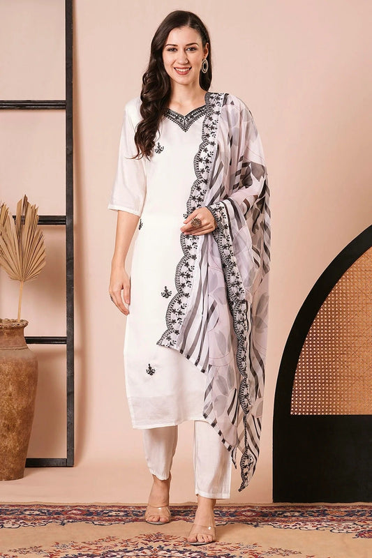 White PV Chanderi Stitched Salwar Suit NCSS11111936