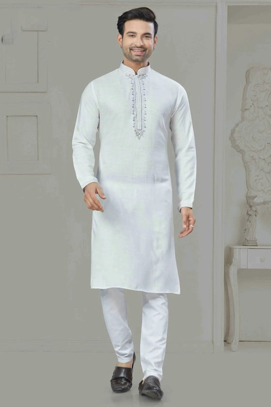 White Pintex and Embroidery Cotton Kurta Pajama NCKP11110556