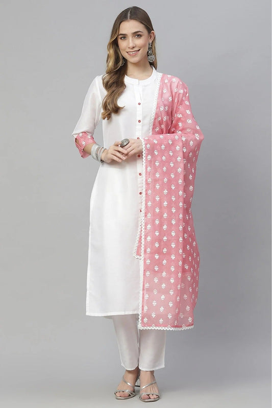 White Plus Size Chiffon Printed KurtiPant And Dupatta Set NCKR10610164