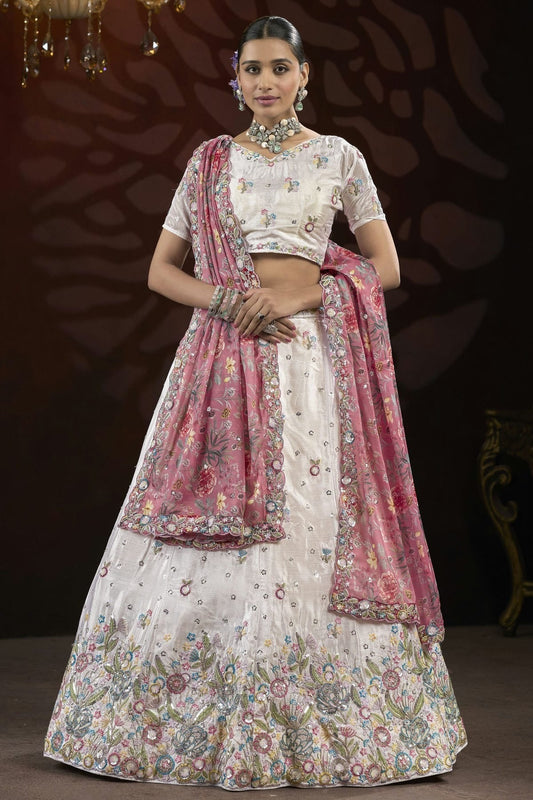 White Semi Stitched Chinon Lehenga Choli NCLC11111260