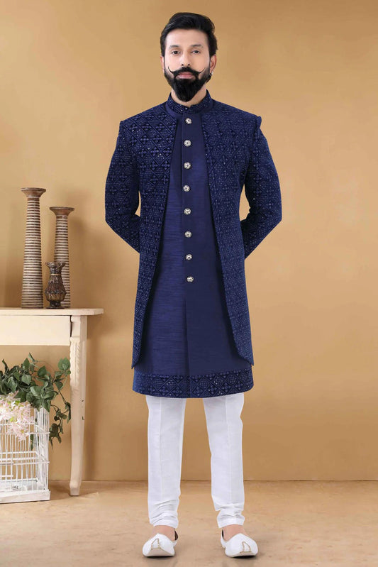 White Silk Indo Western Sherwani NCSH11310194