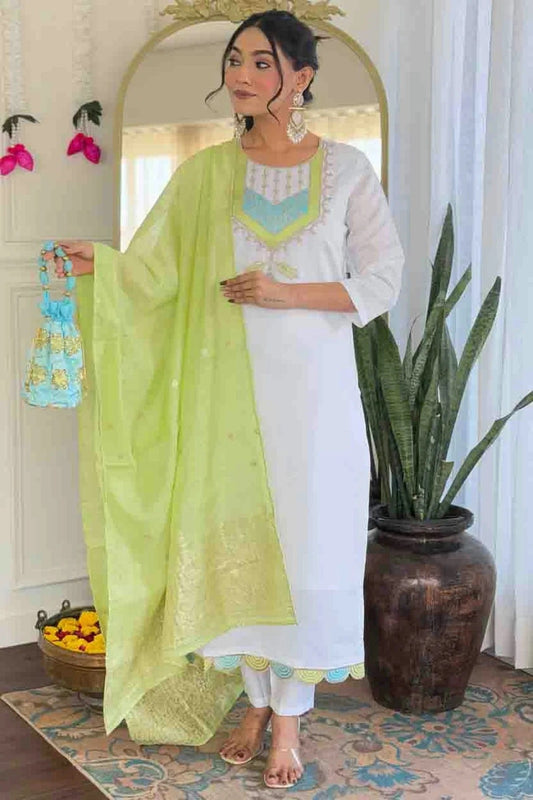 White Viscose Chanderi Embroidery Pant Style Suit NCSS11110356
