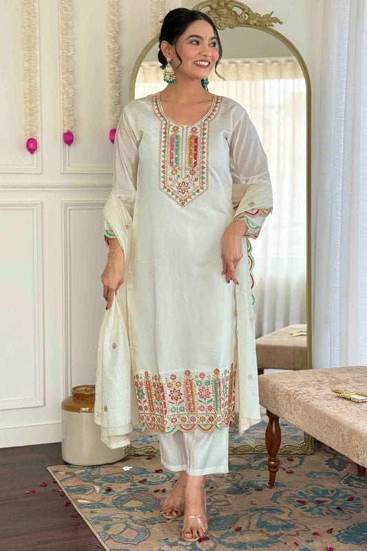 White Viscose Chanderi Embroidery Pant Style Suit NCSS11110366