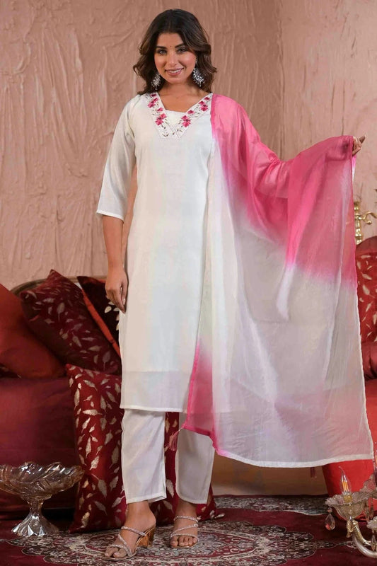 White Viscose Chanderi Stitched Pant Style Suit NCSS11110196