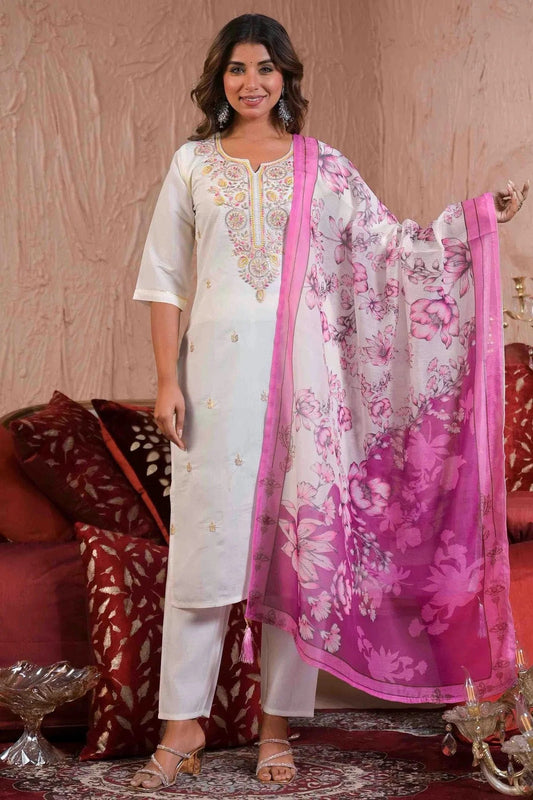 White Viscose Chanderi Stitched Suit NCSS11110684