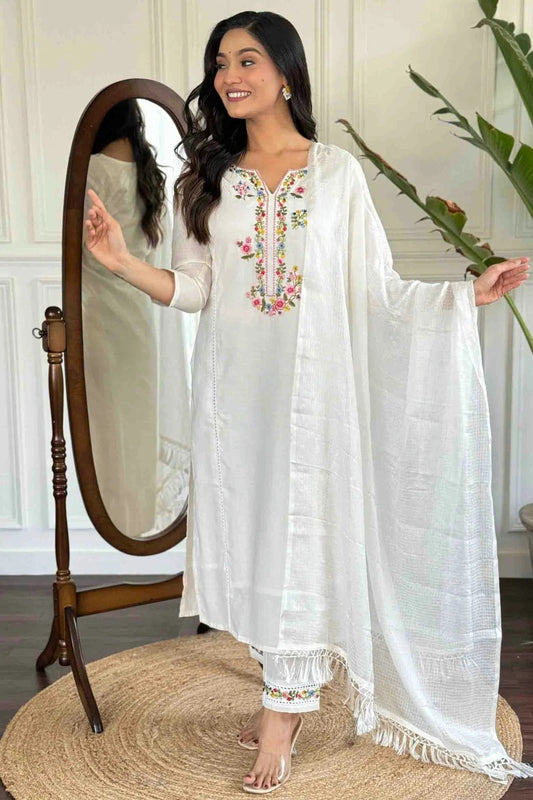 White Viscose Chanderi Stitched Suit NCSS11110864