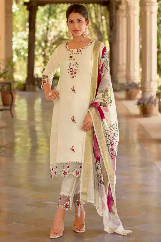 White Viscose Roman Silk Embroidery Pant Style Suit NCSS11110351