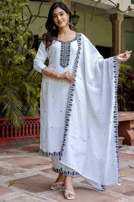 White Viscose Roman Silk Stitched Pant Style Suit NCSS11110181