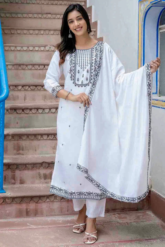White Viscose Roman Silk Stitched Pant Style Suit NCSS11110187