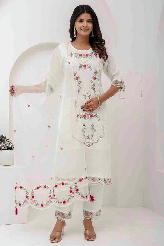 White Viscose Silk Embroidery Pant Style Suit NCSS11110385