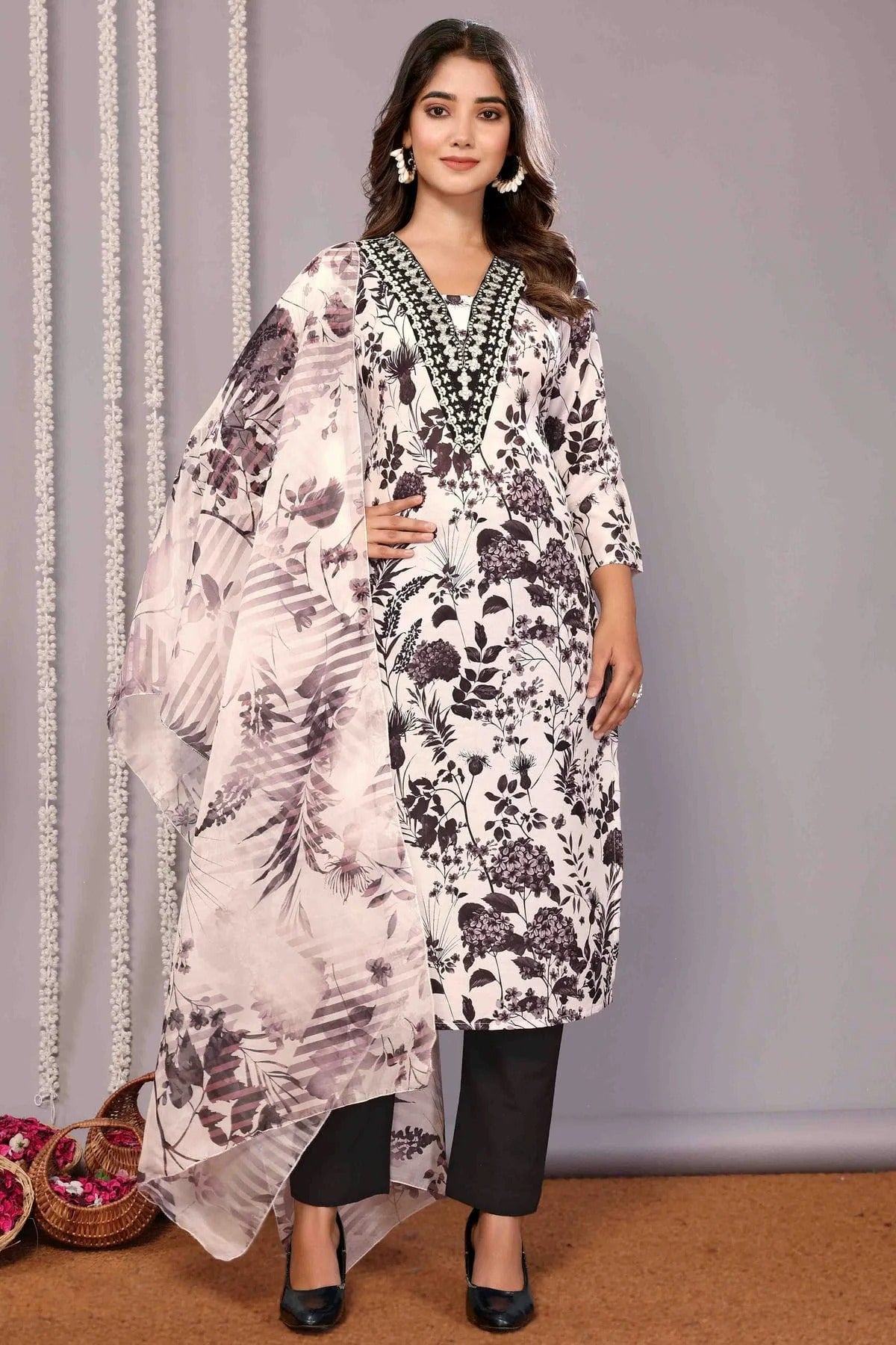 White and Black Cotton Blend Stitched Suit NCSS11110647