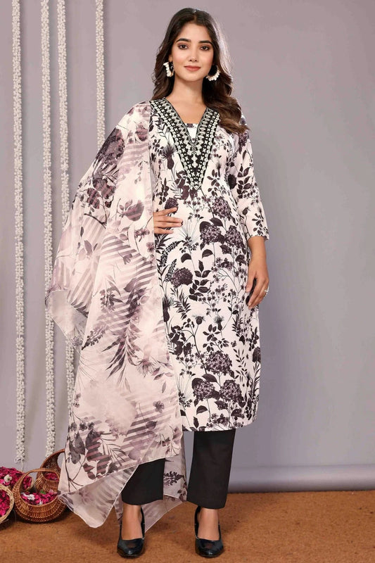 White and Black Cotton Blend Stitched Suit NCSS11110647