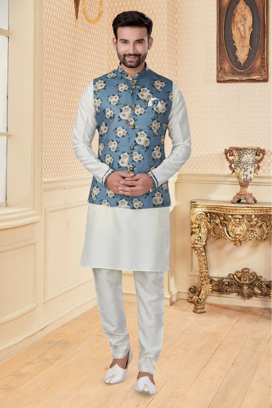 White and Blue Kurta PajamaWith Jacket In Silk Dupion NCKP10410719