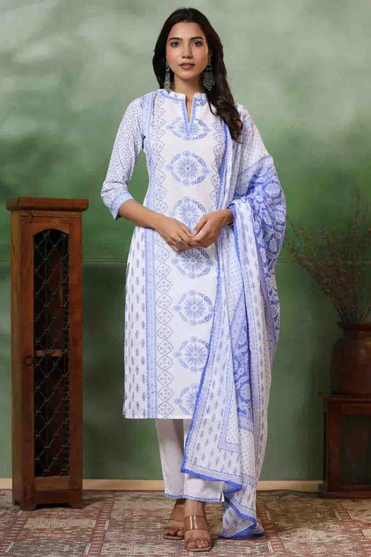 White and Blue Printed Viscose Pant Style Suit NCSS11110509