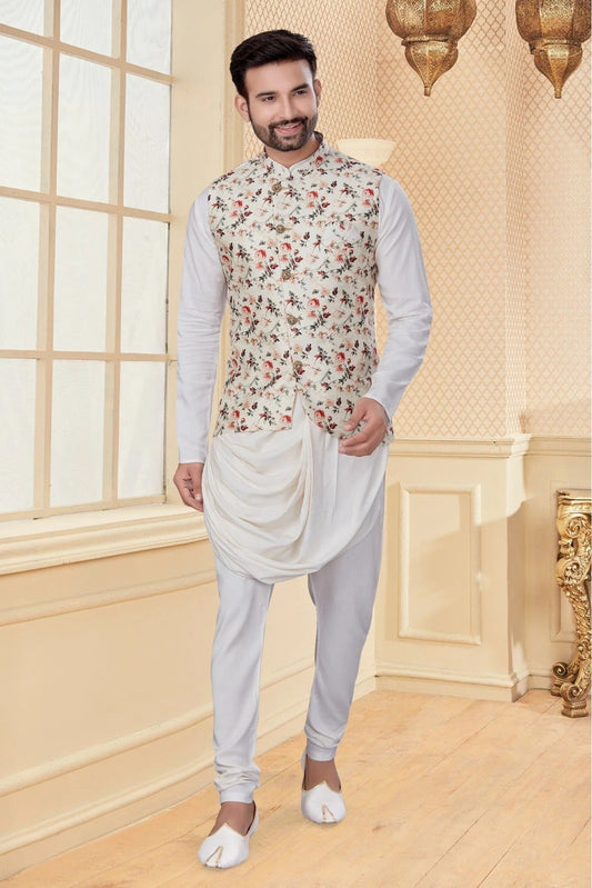 White and Cream Kurta PajamaWith Jacket In Soft Silk NCKP10410723