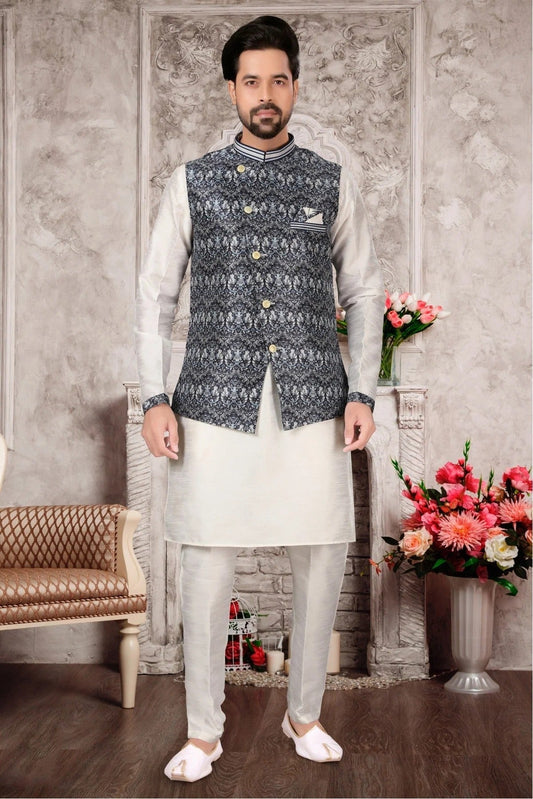White and Multi Kurta PajamaWith Jacket In Silk Dupion NCKP10410726