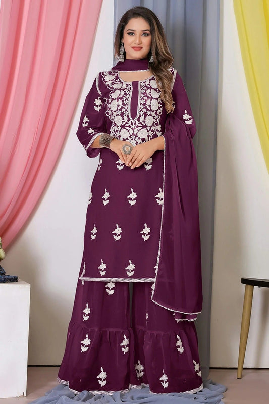 Wine Bamber Georgette Sharara Suit NCSM11112407