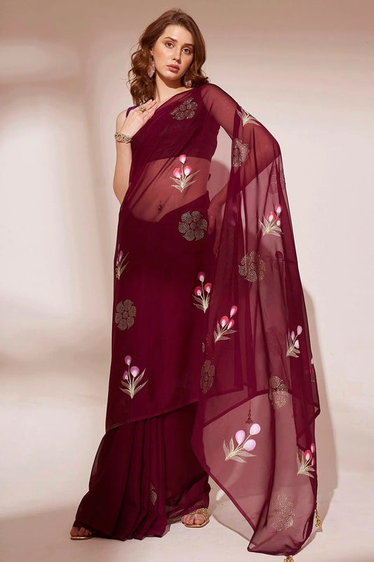 Wine Blooming Organza Saree NCSD11112460