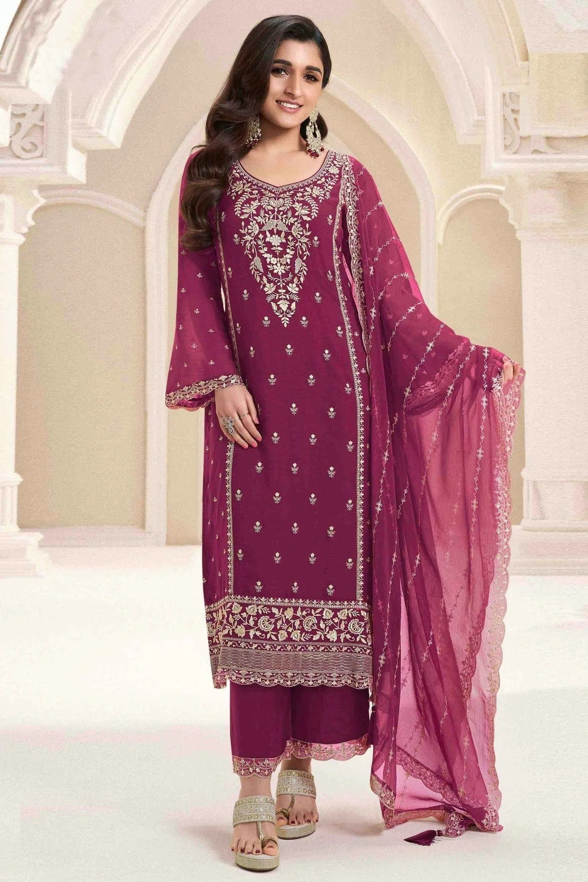 Wine Chiffon Palazzo Pant Suit NCSM11110771