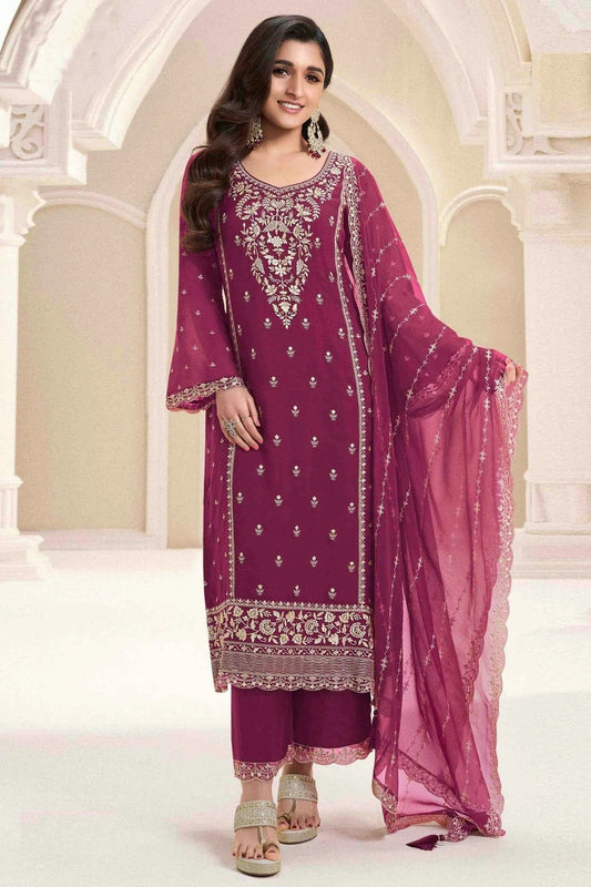 Wine Chiffon Palazzo Pant Suit NCSM11110771