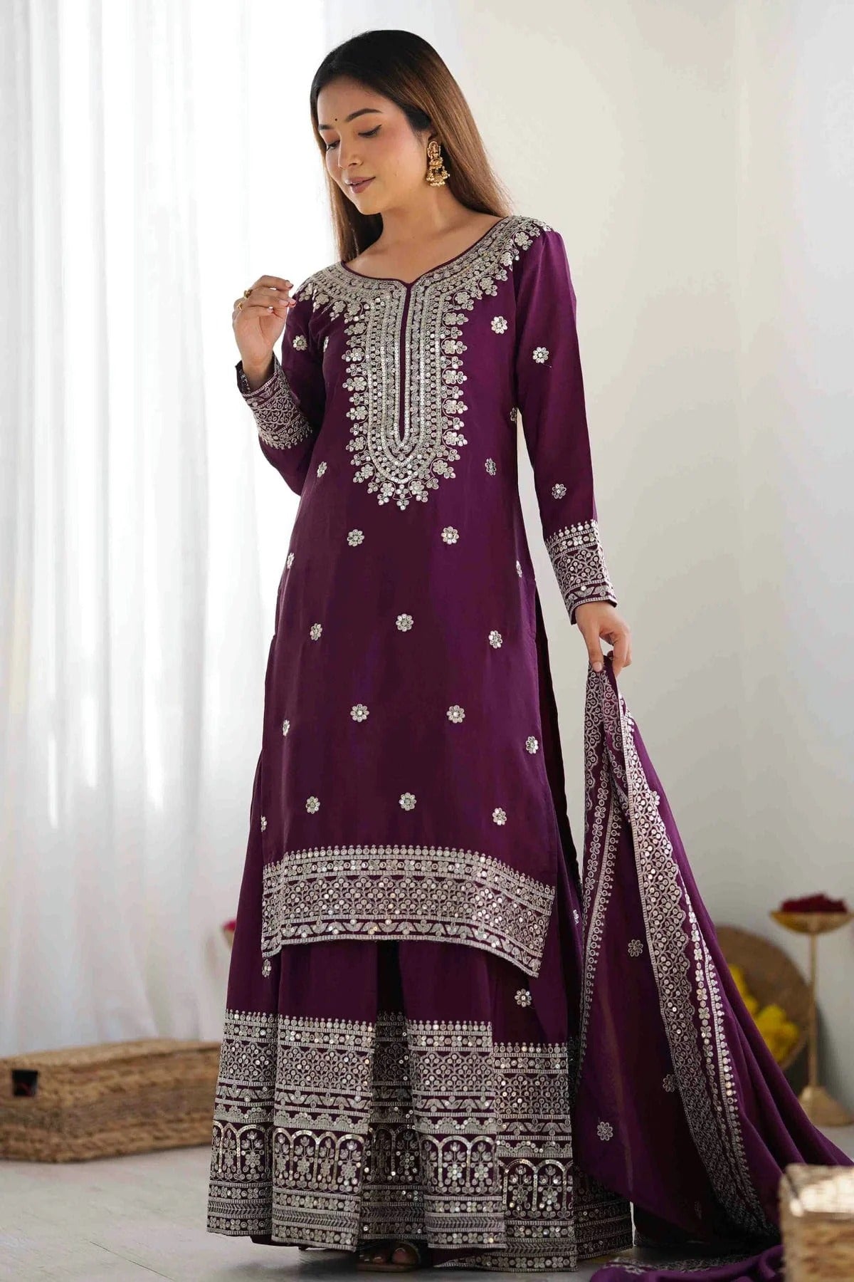 Wine Chinon Silk Stitched Suit NCSS11110855