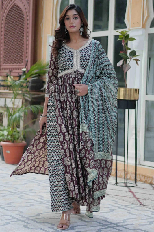 Wine Cotton Printed Pant Style Suit NCSS11110332