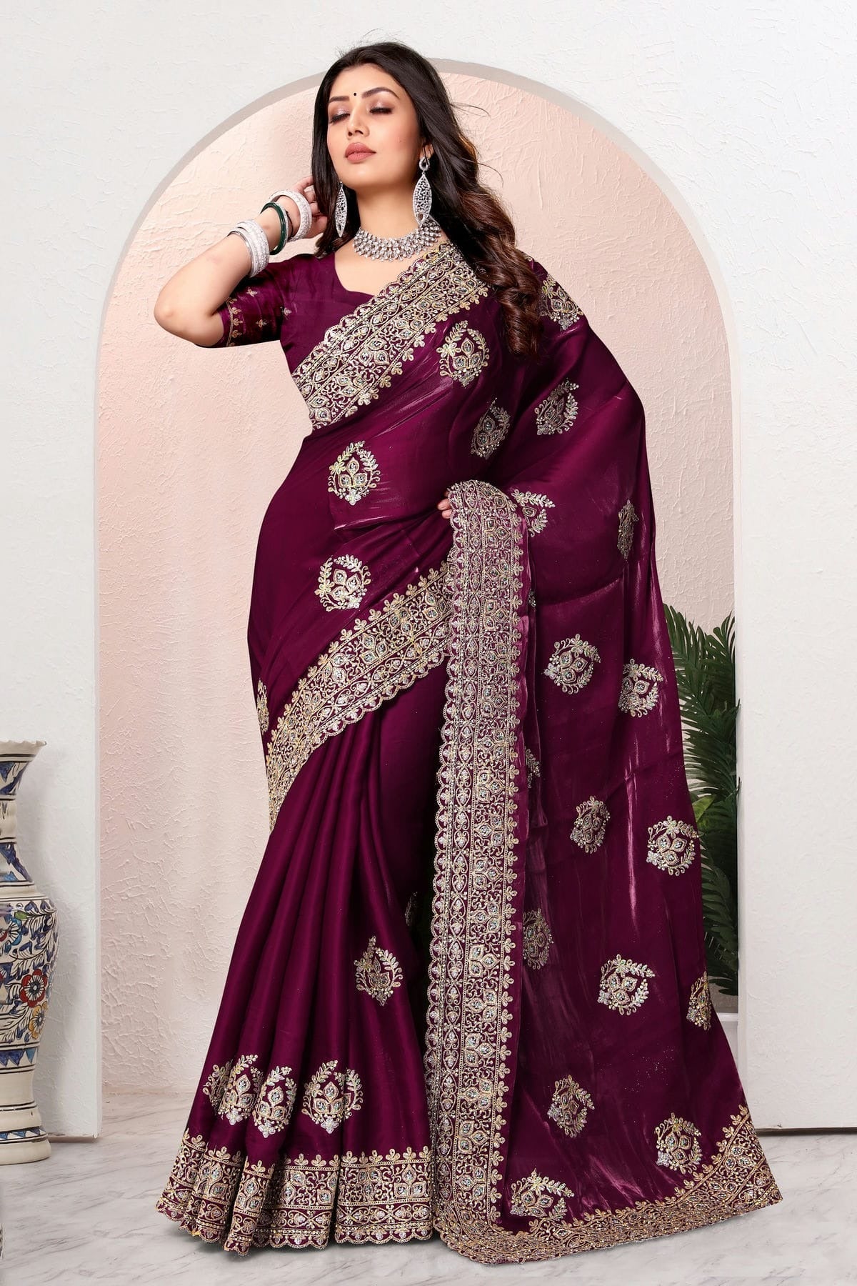 Wine Crepe Silk Saree NCSD10910240