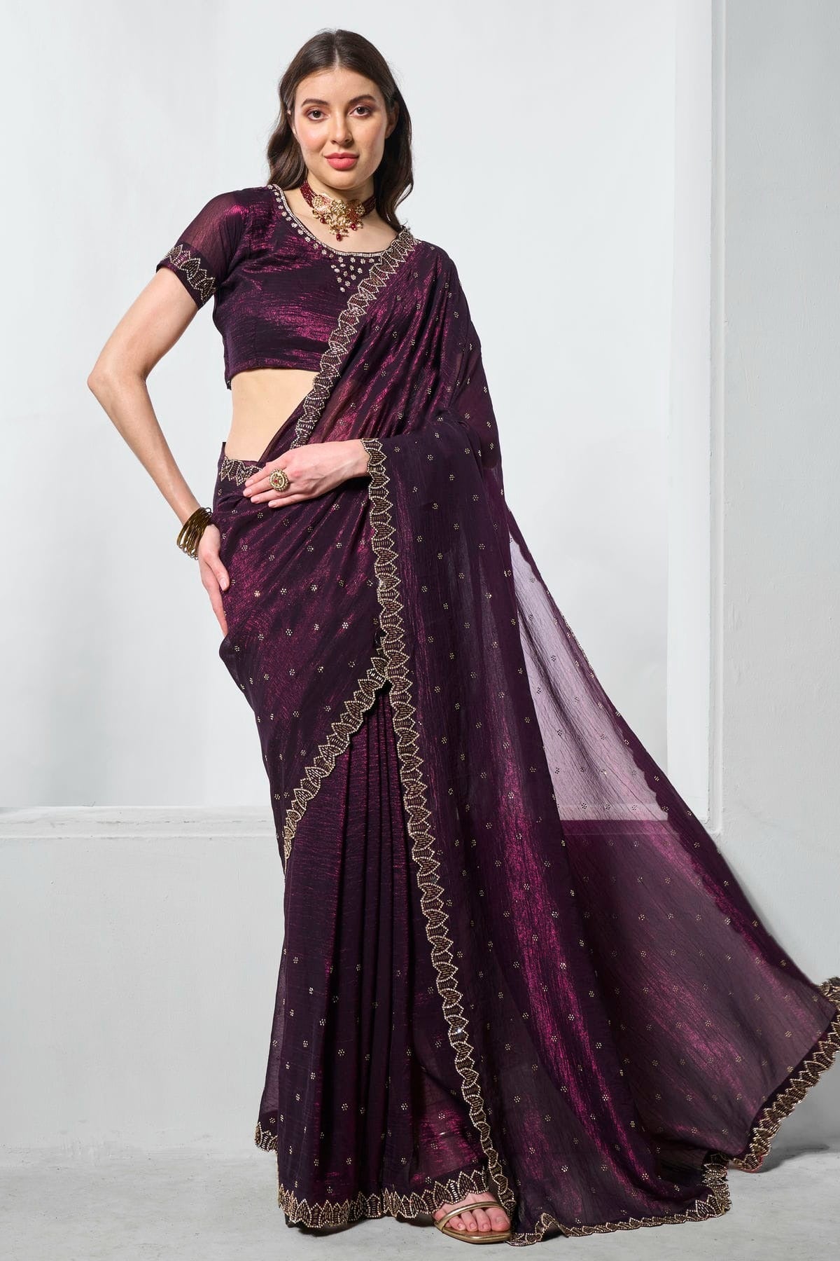 Wine Crunchy Chiffon Designer Saree NCSD11111786