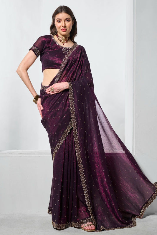Wine Crunchy Chiffon Designer Saree NCSD11111786