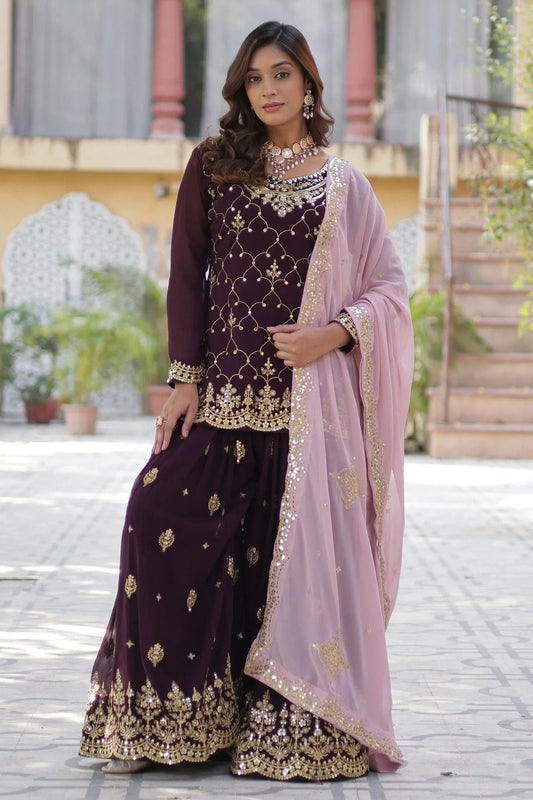 Wine Embroidery Faux Georgette Stitched Suit NCSS11111281