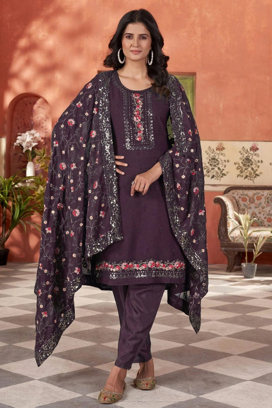 Wine Embroidery Georgette Stitched Suit NCSS11111271