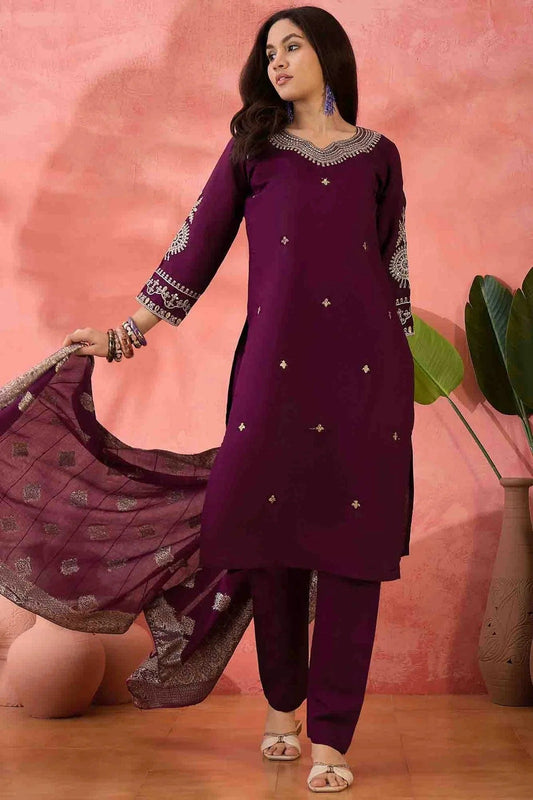 Wine Embroidery Roman Silk Pant Style Suit NCSS11110486