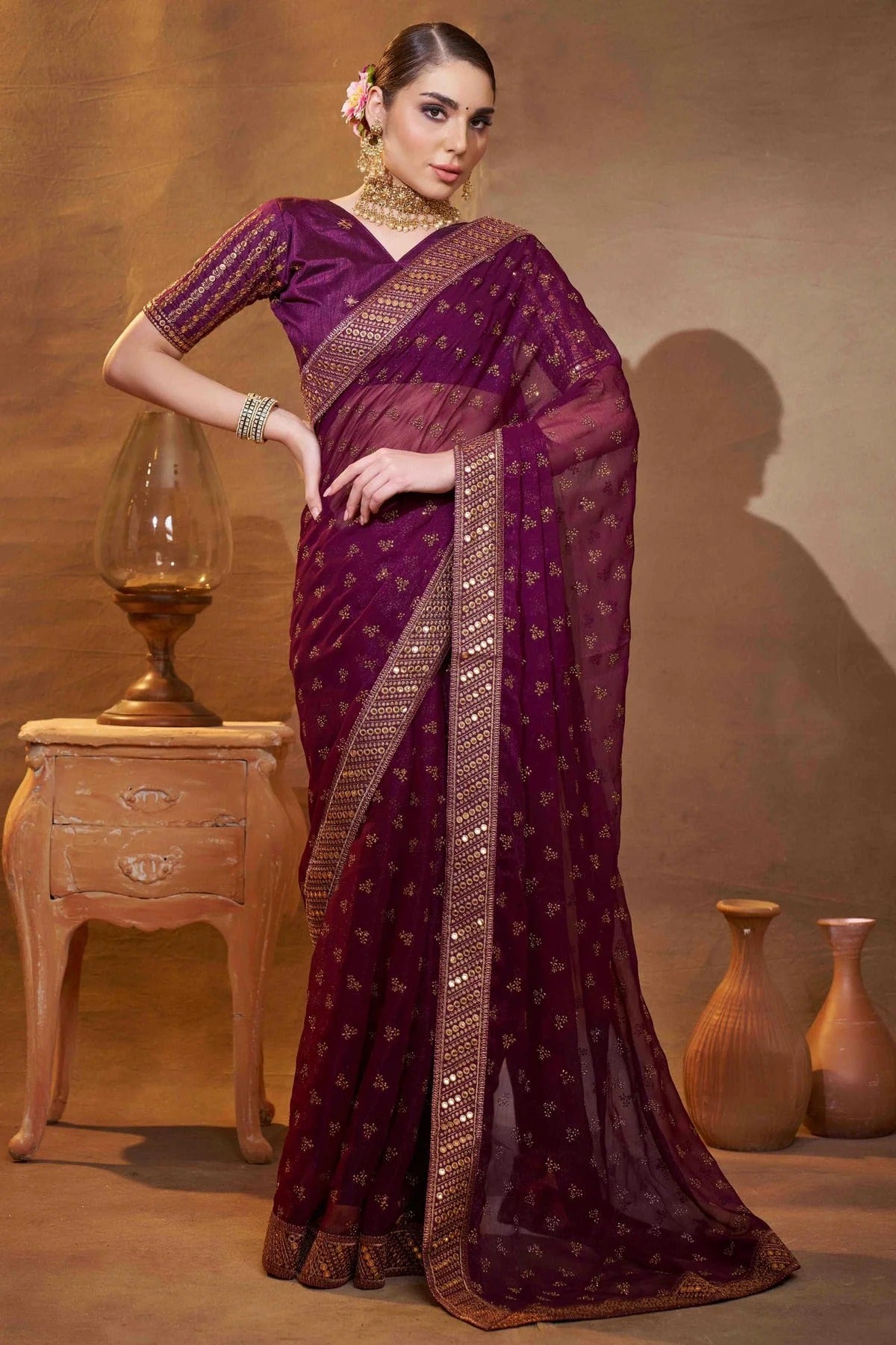 Wine Embroidery Shimmer Chiffon Designer Saree NCSD11110620