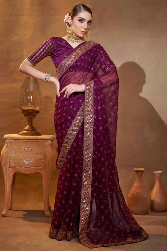 Wine Embroidery Shimmer Chiffon Designer Saree NCSD11110620