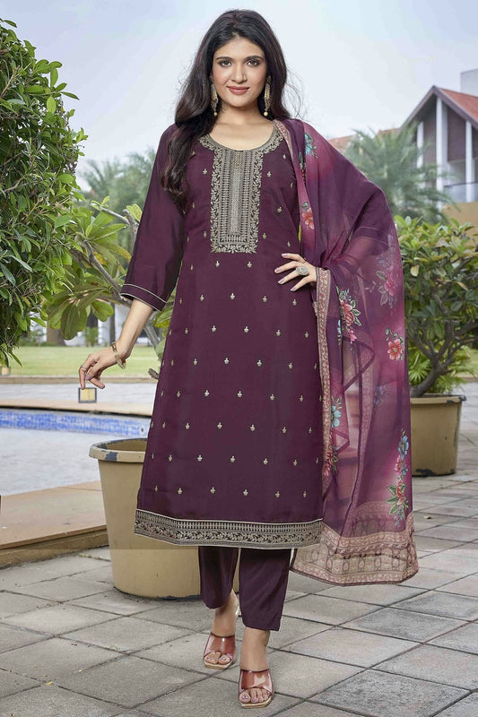 Wine Embroidery Viscose Chanderi Pant Style Suit NCSS11110519