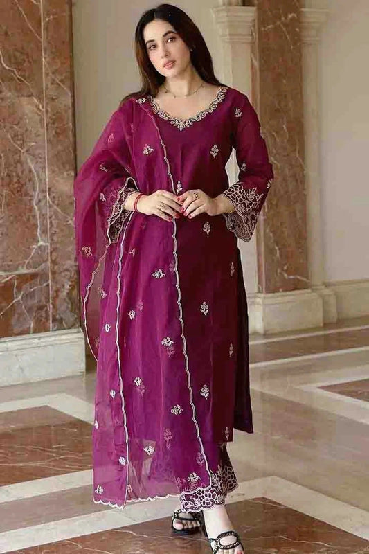 Wine Embroidery Viscose Silk Pant Style Suit NCSS11110506