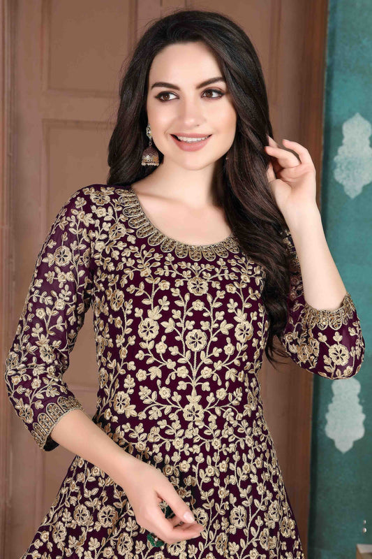 Wine Faux Georgette Semi Stitched Anarkali Suit NCSM10510373