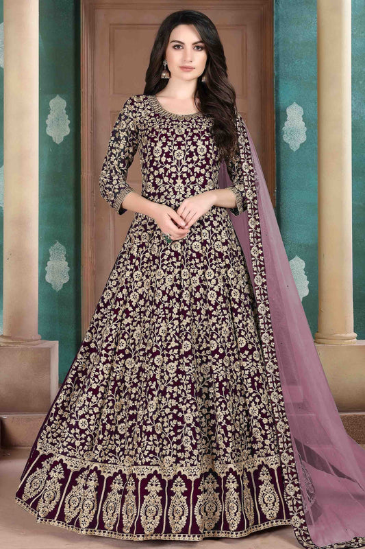 Wine Faux Georgette Semi Stitched Anarkali Suit NCSM10510373