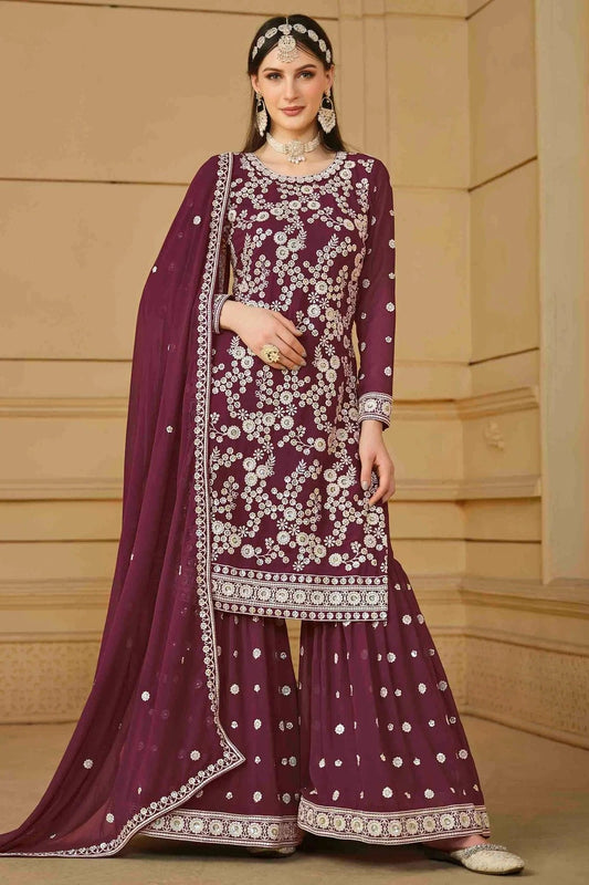 Wine Faux Georgette Sharara Suit NCSM10510116
