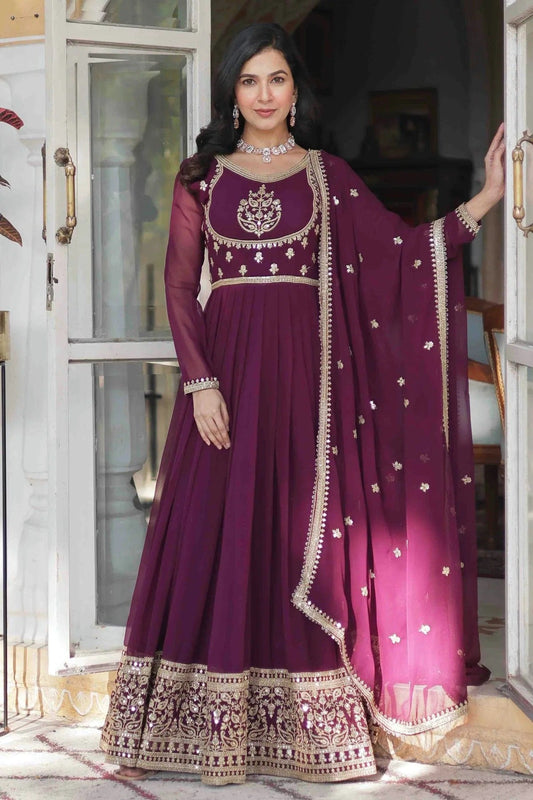 Wine Faux Georgette Stitched Gown NCGW11110851