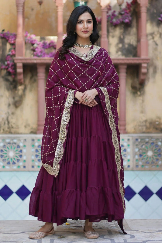 Wine Faux Georgette Stitched Gown NCGW11111347