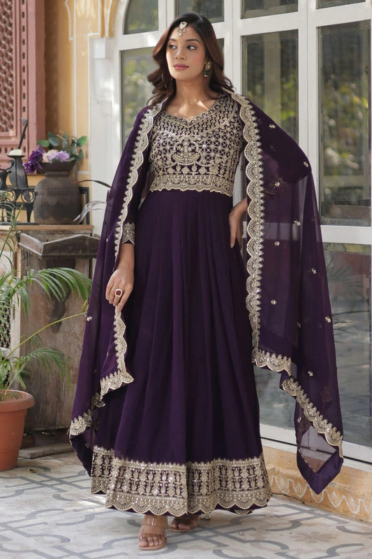 Wine Faux Georgette Stitched Gown NCGW11111353